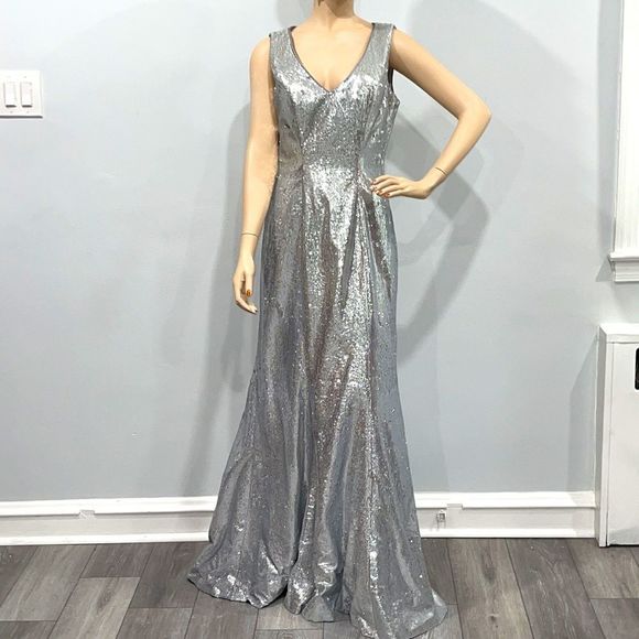 Sequin Sparkling Silver Metallic Formal Gown - Picture 5 of 16